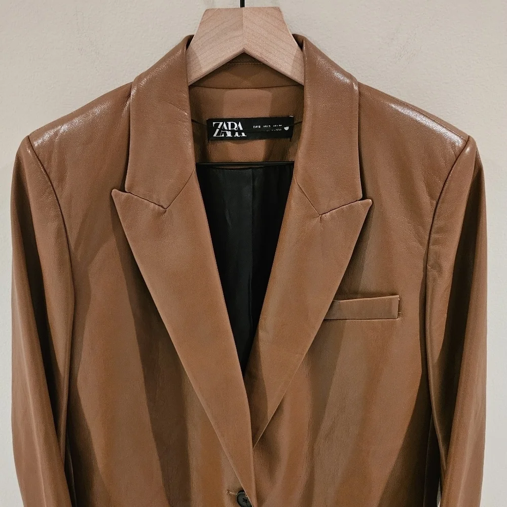Zara Brown Faux Lether Oversized Blazer Jacket